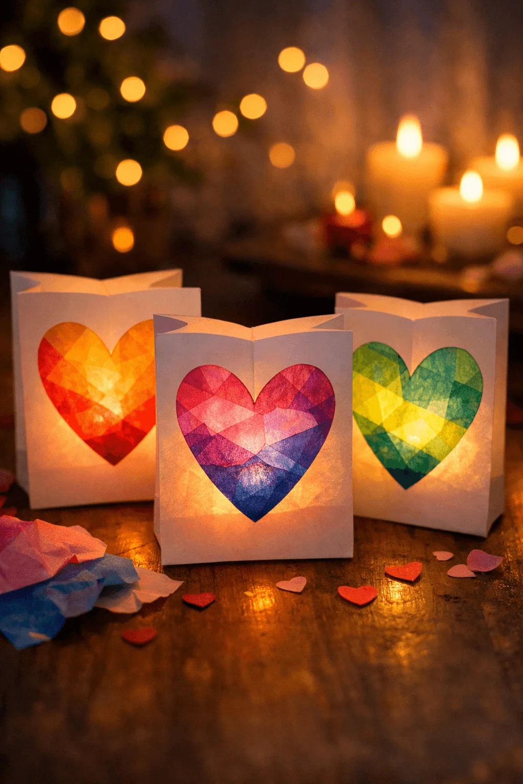 Paper heart luminaries with colorful tissue paper glowing as cozy romantic candle decor for handmade home styling
