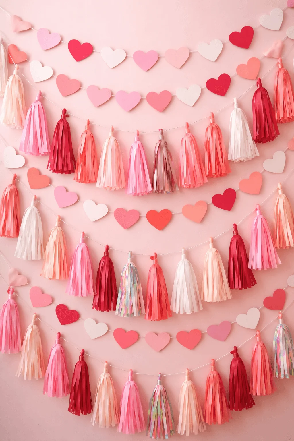 Paper heart tassel garlands in pink red and white tones hanging as romantic party wall decor for valentines day celebrations