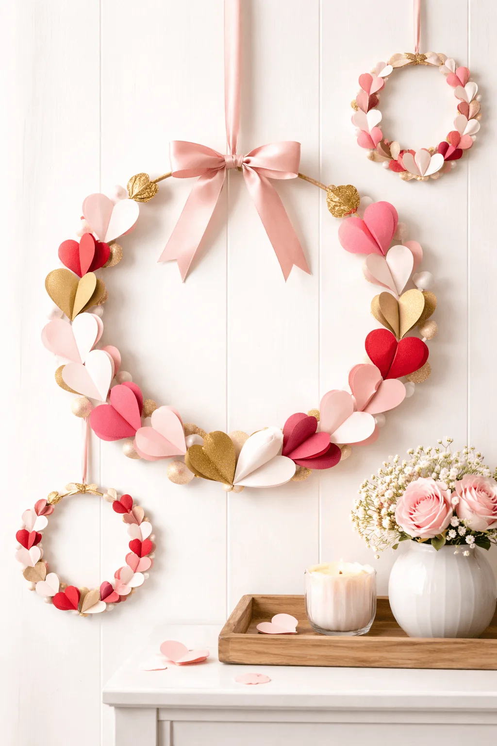 Paper heart wreaths on hoops in pink red and gold tones displayed as elegant handmade wall decor for romantic home styling