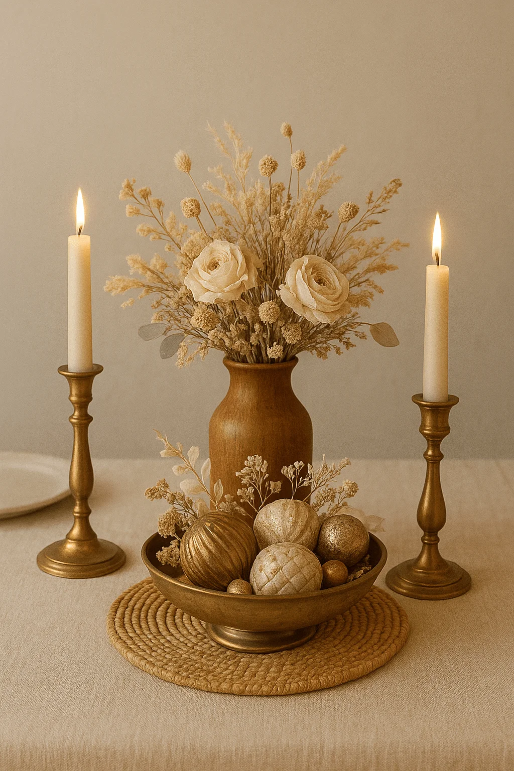 Elegant neutral holiday centerpiece with dried florals gold ornaments and candle holders