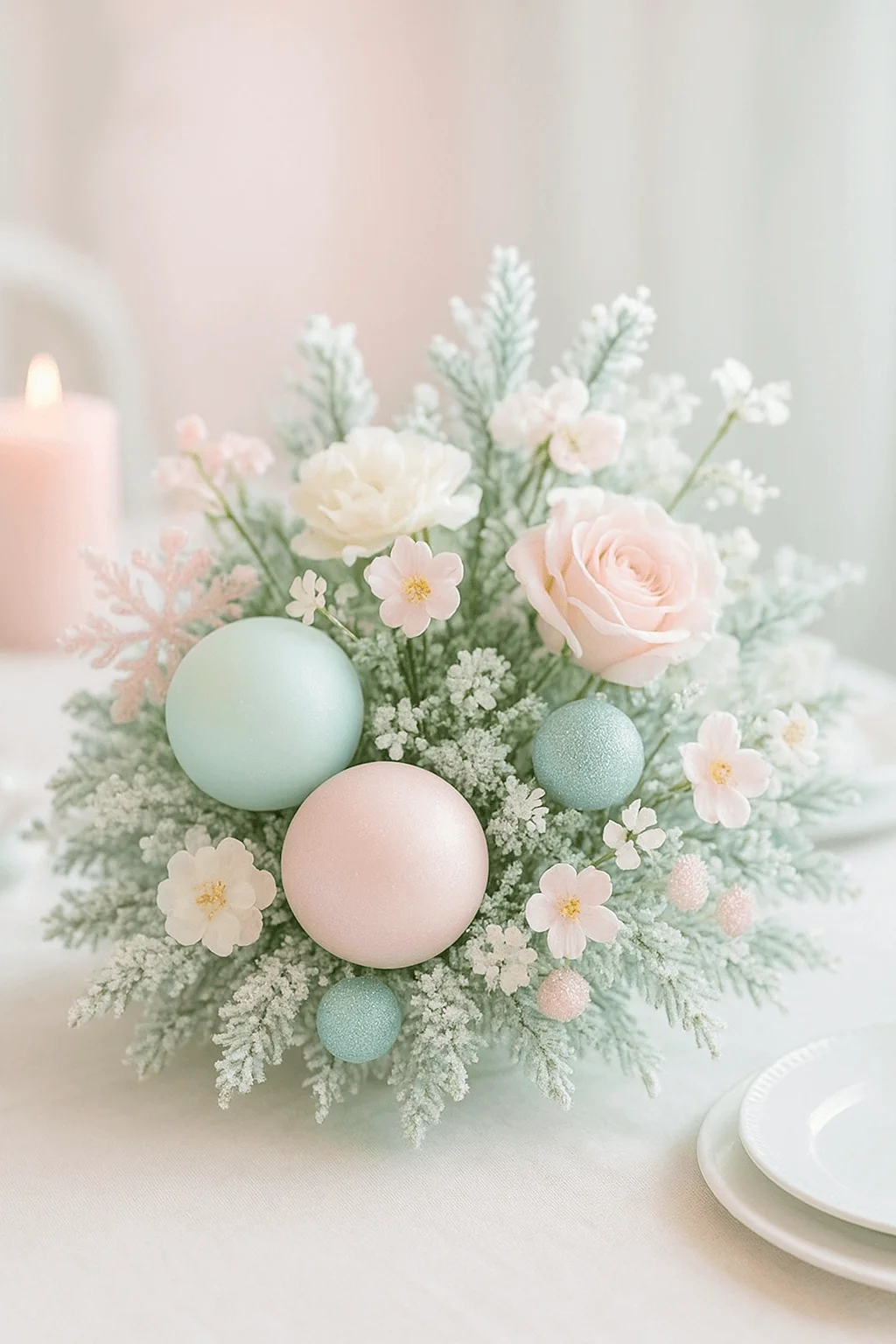Pastel Christmas floral centerpiece with frosted greenery pink and white flowers and soft pastel ornaments