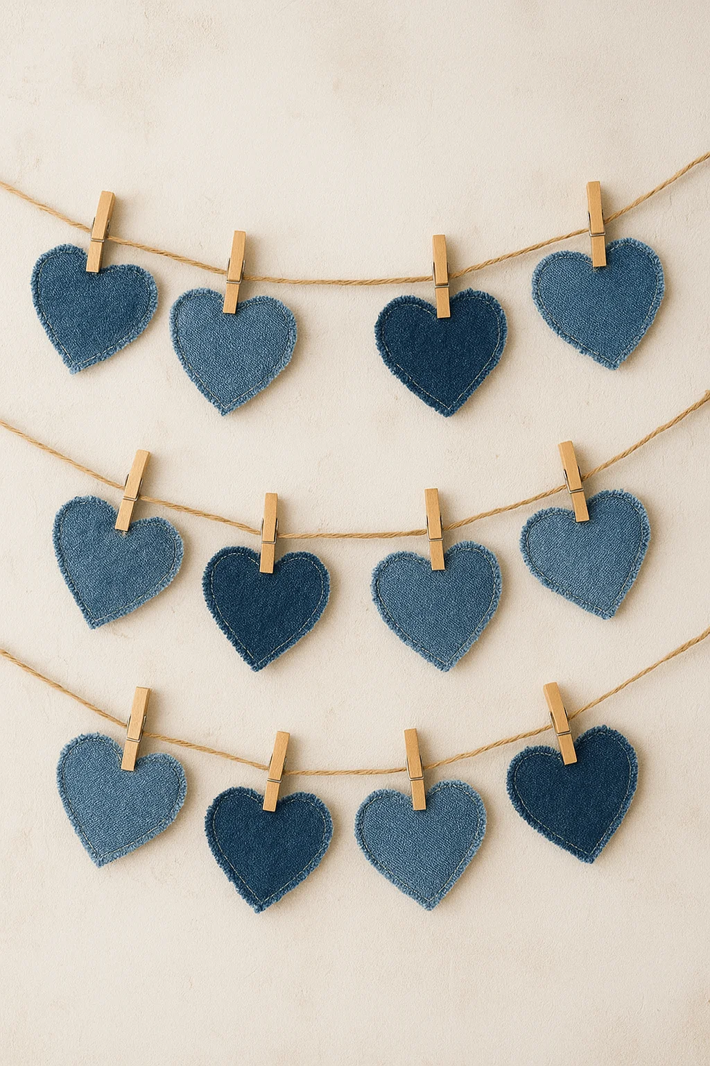 Hanging denim heart garland with clothespins on twine in varying blue shades