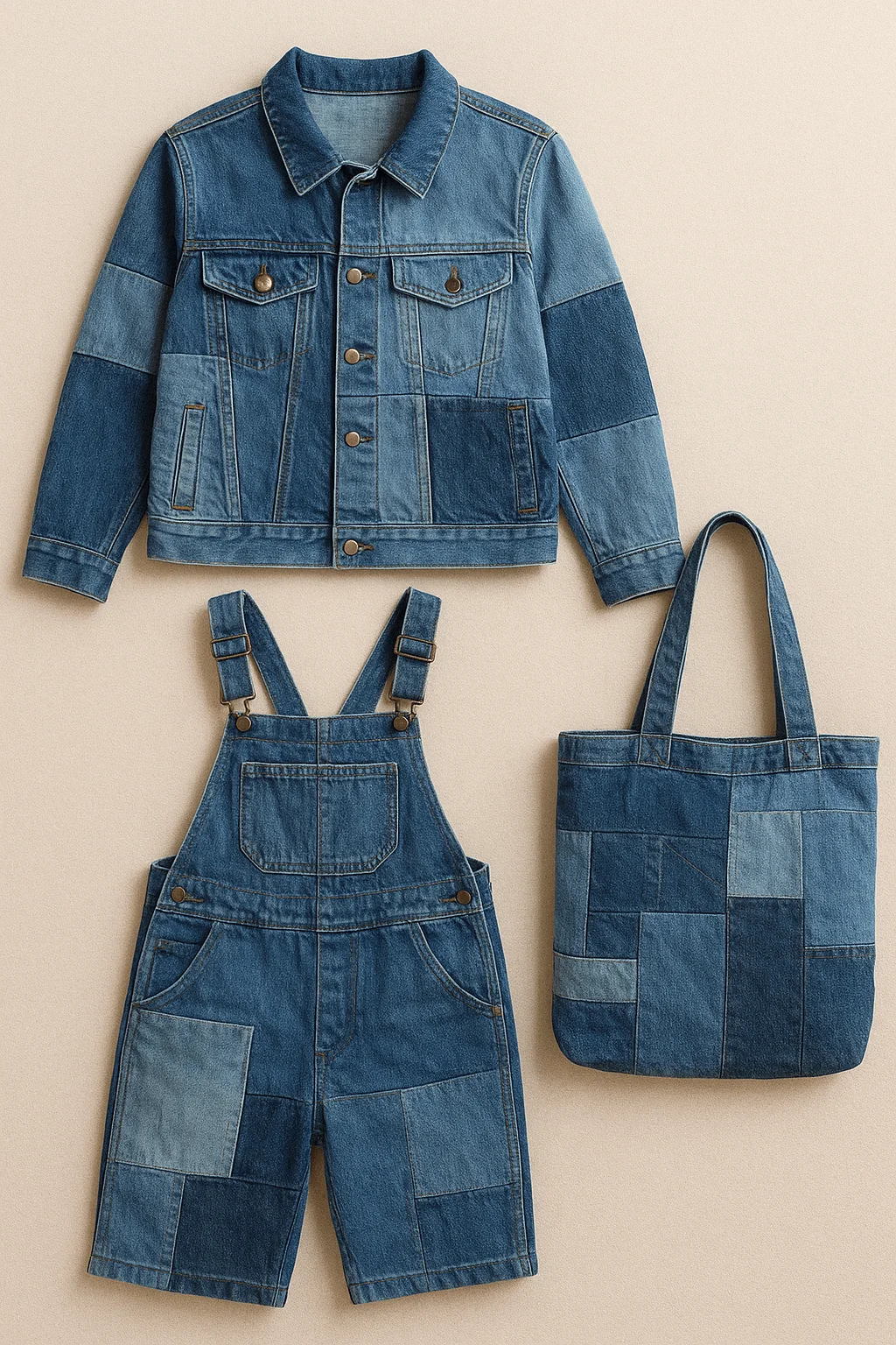 Patchwork denim upcycling ideas featuring a recycled denim jacket overalls and a tote bag made from mixed denim fabric pieces