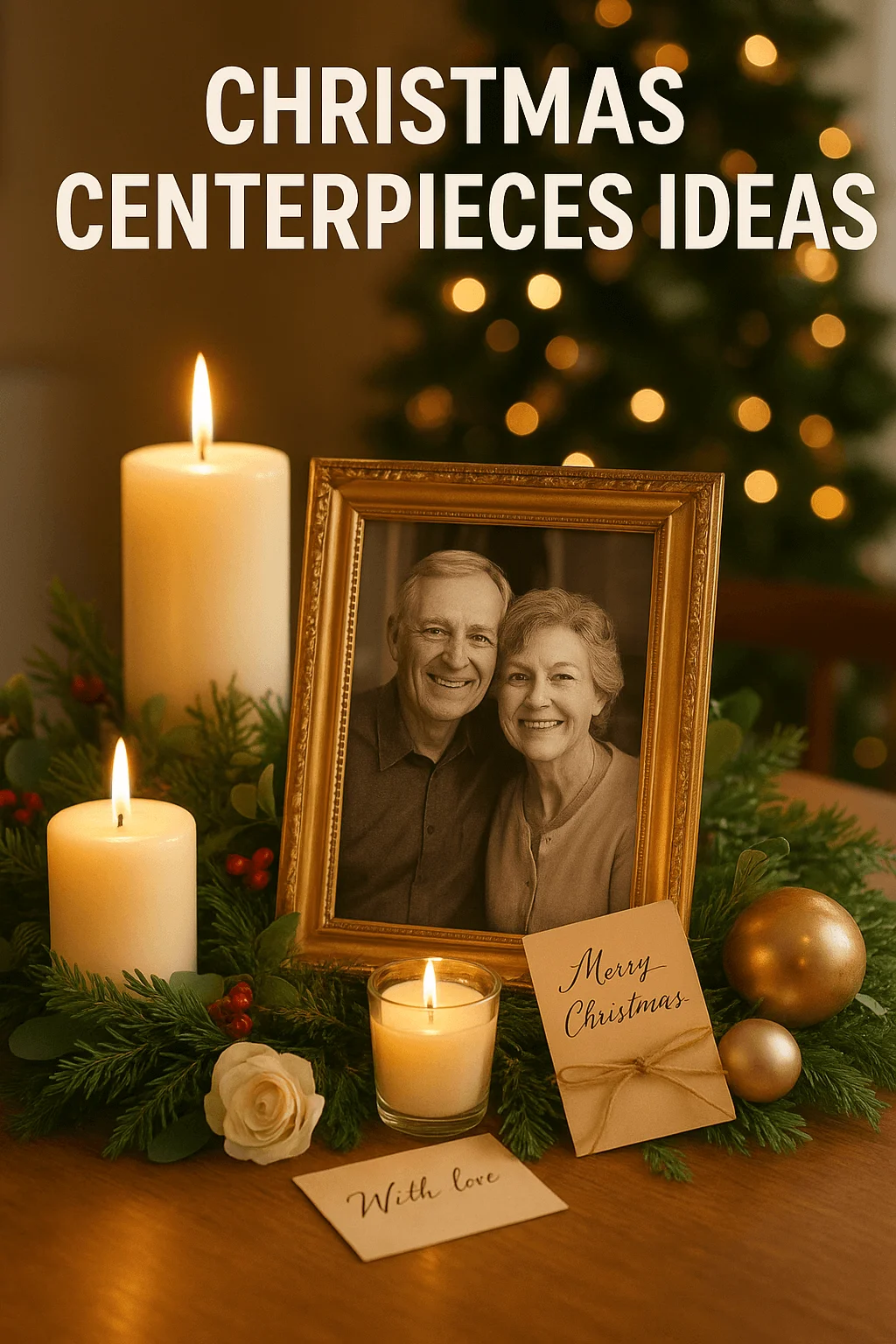 Christmas centerpiece with candles evergreen branches gold ornaments and a framed photo of an elderly couple with holiday cards
