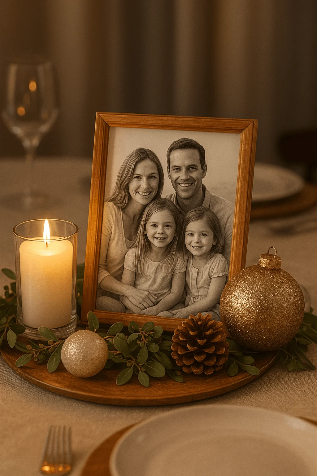 Warm Christmas centerpiece with framed family photo lit candle greenery pinecone and gold ornaments