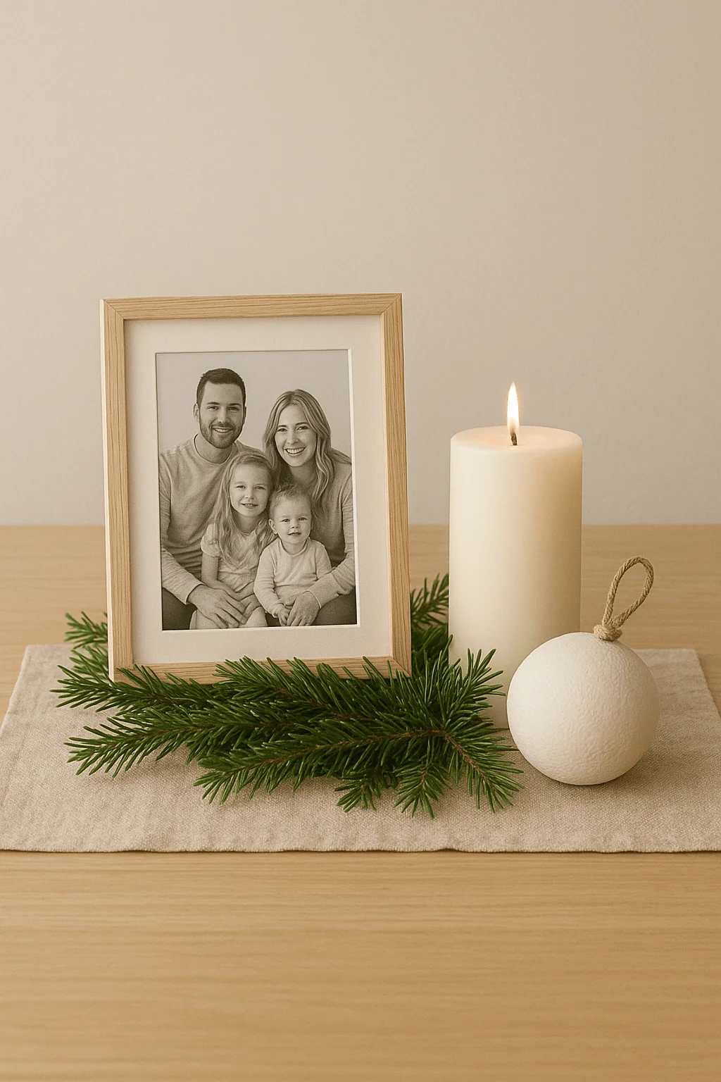 Minimalist holiday memory table with framed family photo white pillar candle evergreen sprigs and neutral ornament