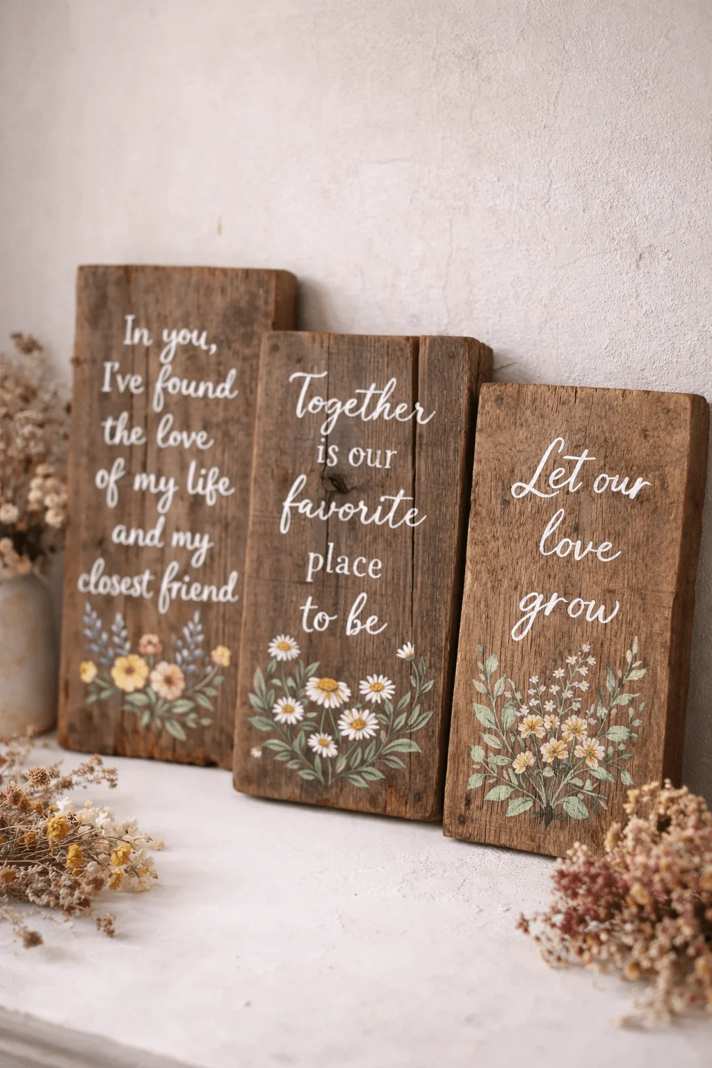 personalized nature quote boards on rustic wooden planks with hand painted flowers love messages and dried botanical accents for farmhouse decor