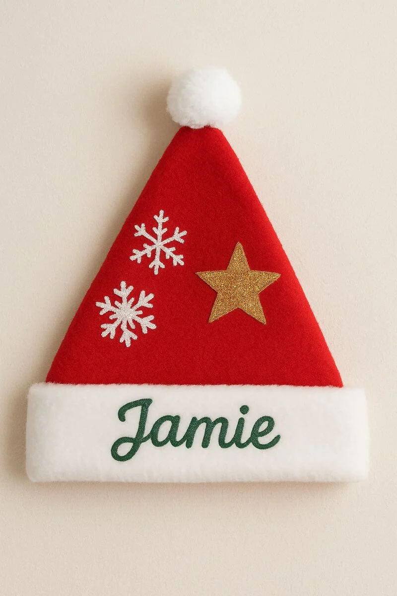 personalized red santa hat with white trim green embroidered name gold star and white snowflake decorations
