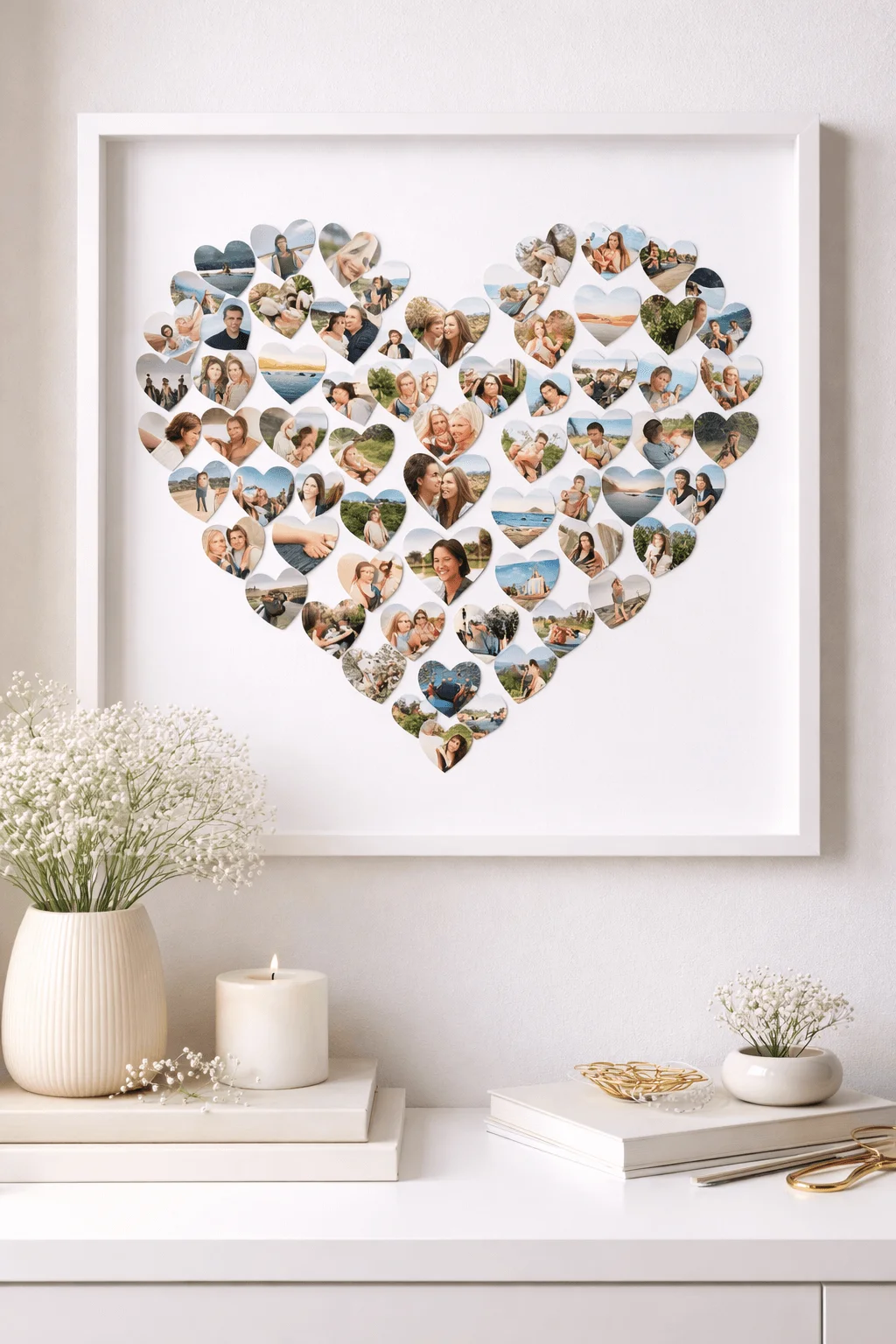 Photo collage heart wall art featuring personal memories arranged in a large heart frame for sentimental home decor and meaningful gift ideas