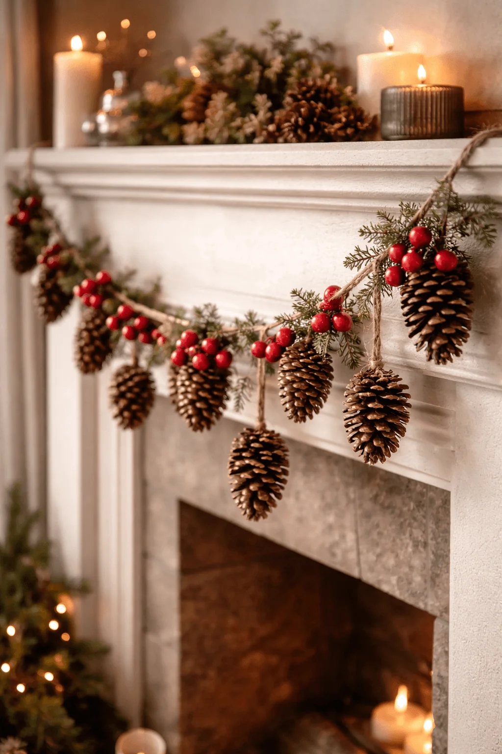 pine cone and berry garland with evergreen branches hanging on white fireplace mantel with candles and cozy rustic holiday decor