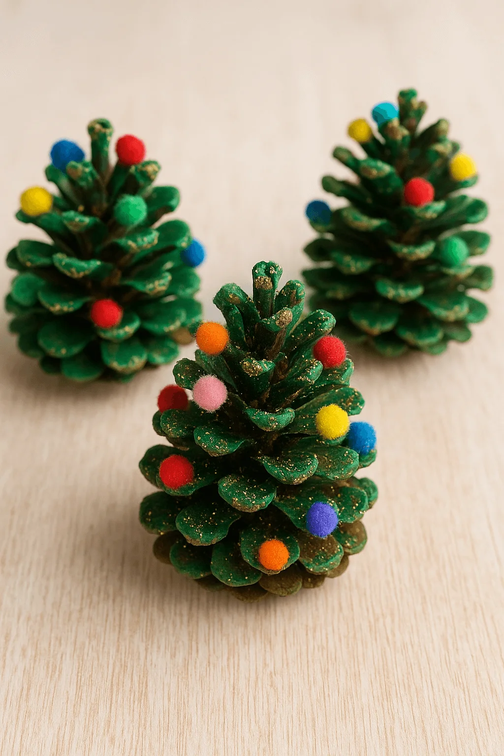 Mini pinecone Christmas trees decorated with colorful pom poms and glitter on a wooden surface