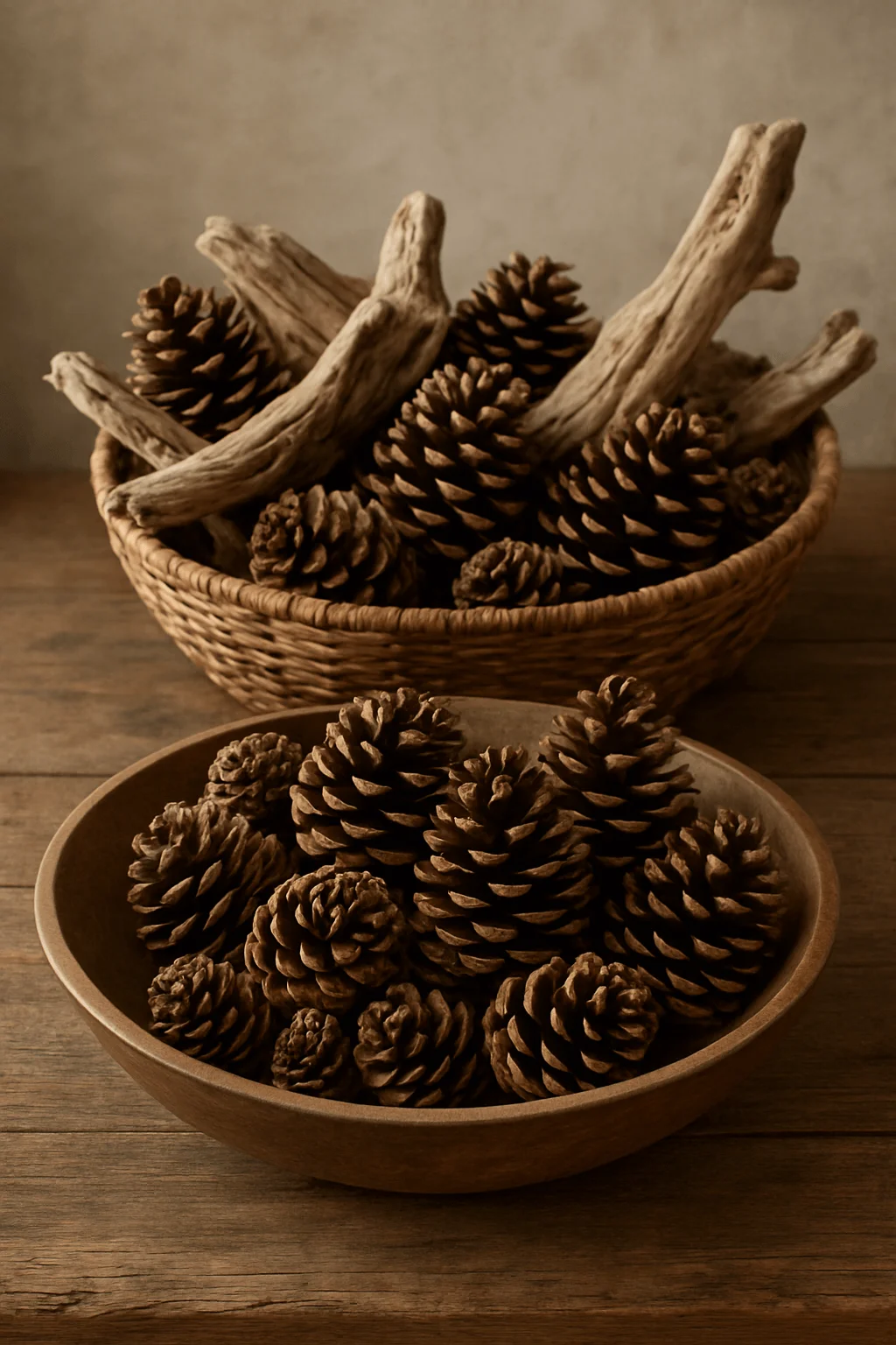 rustic winter decor with pinecones and foraged driftwood arranged in wooden bowls on a natural wood table