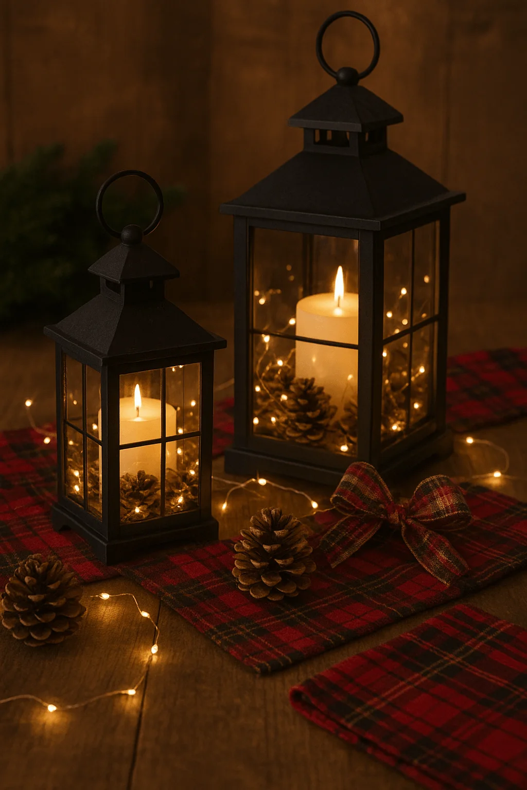 Cozy cabin Christmas lantern display with plaid table runner pinecones candles and warm fairy lights