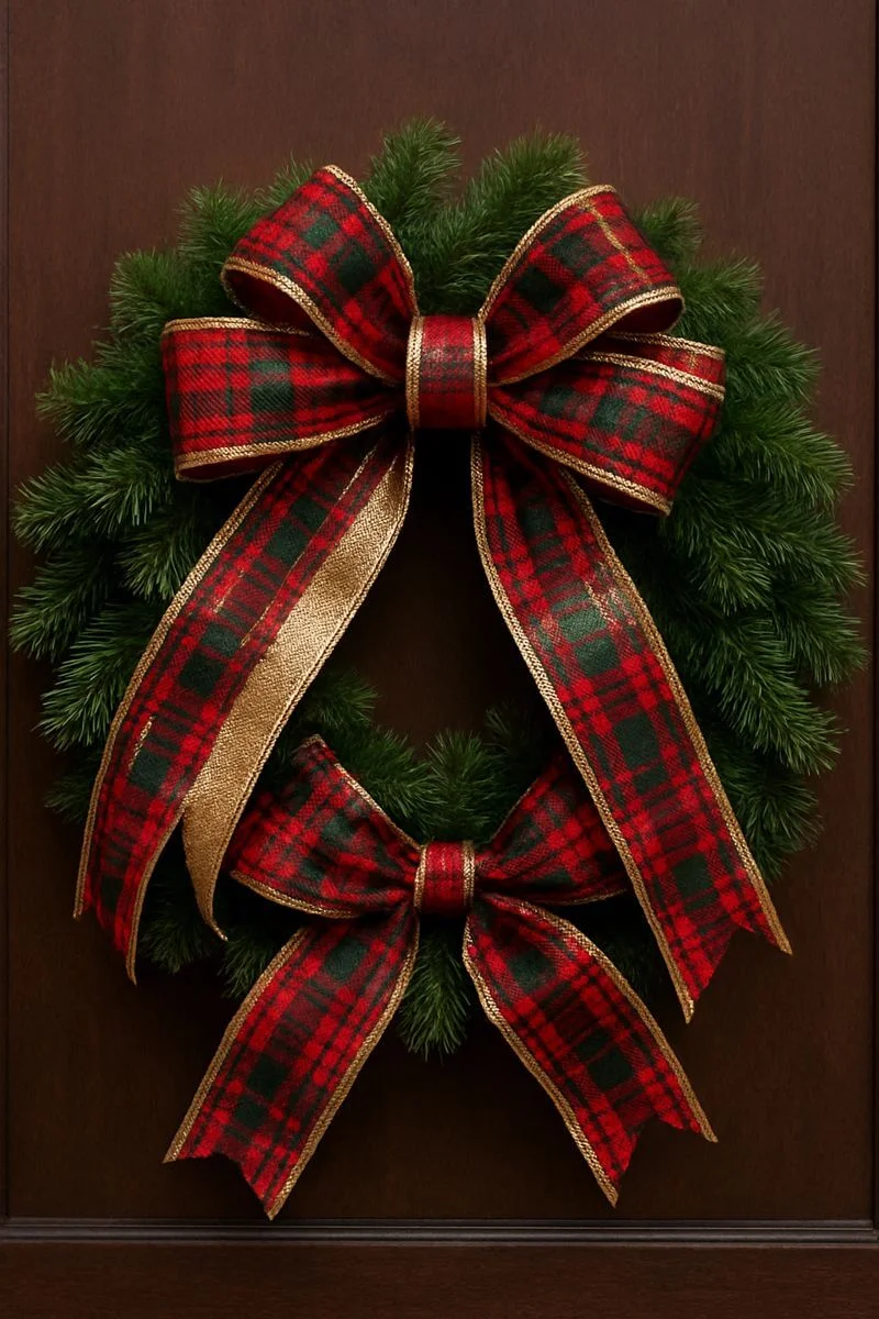 plaid and gold layered ribbon bows decorating a Christmas wreath on a wooden door