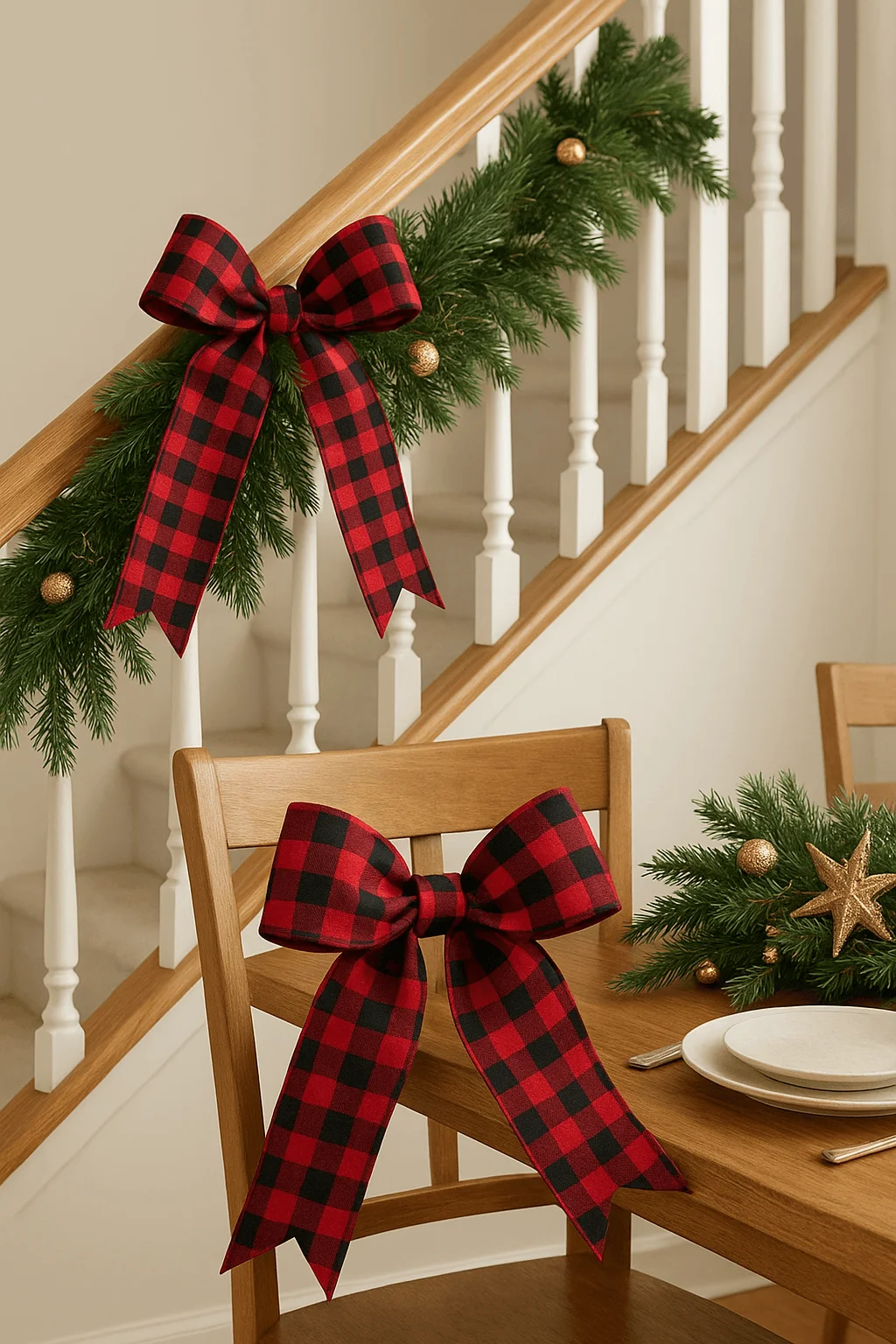buffalo check red and black plaid bows decorating a staircase garland and wooden dining chair