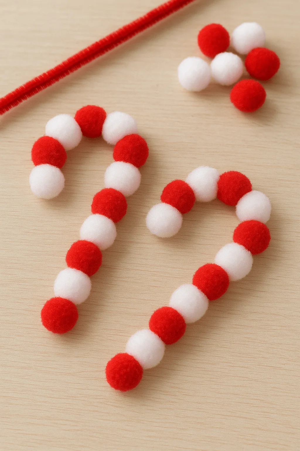 Red and white pom pom candy cane craft pieces on a light wooden surface