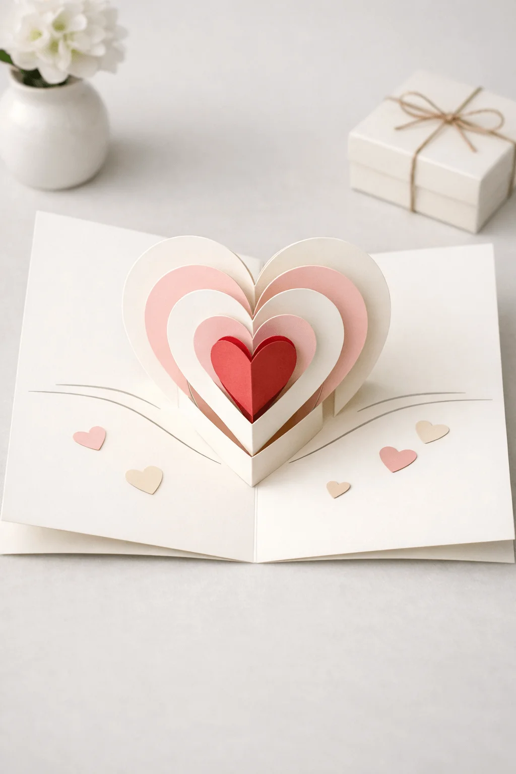Pop up three dimensional paper heart card in soft pastel colors for handmade romantic greeting and gift ideas