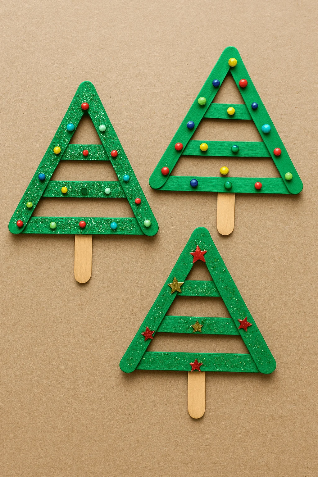 popsicle stick christmas tree crafts painted green and decorated with colorful beads and stars