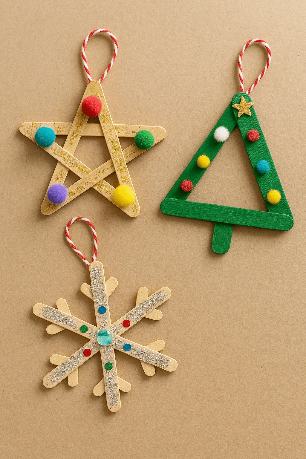 Popsicle stick Christmas ornaments shaped as a star tree and snowflake decorated with colorful pom poms glitter and twine loops