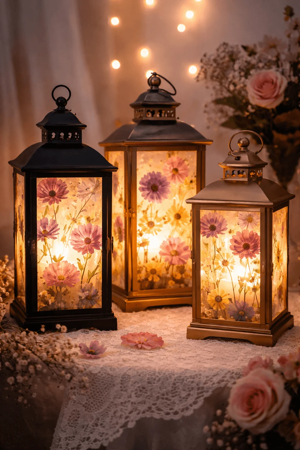 pressed flower lanterns with glowing candles and delicate floral designs creating romantic natural valentines day home decor