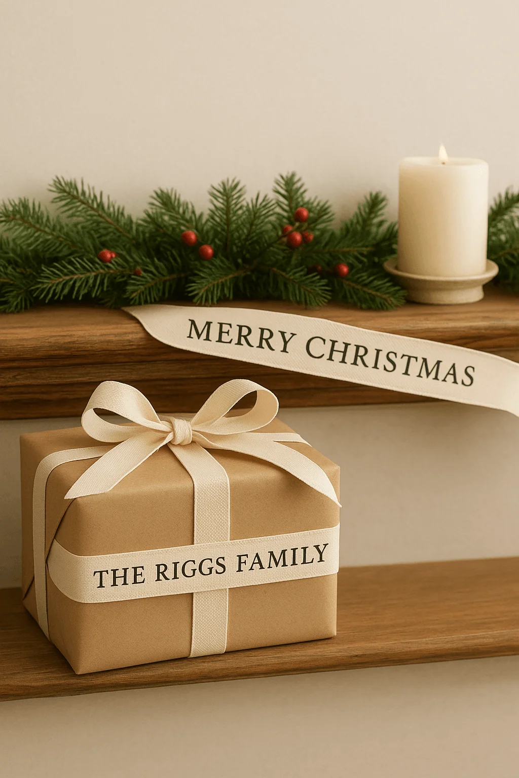 personalized cream ribbon on a Christmas gift and mantel with evergreen garland and candle