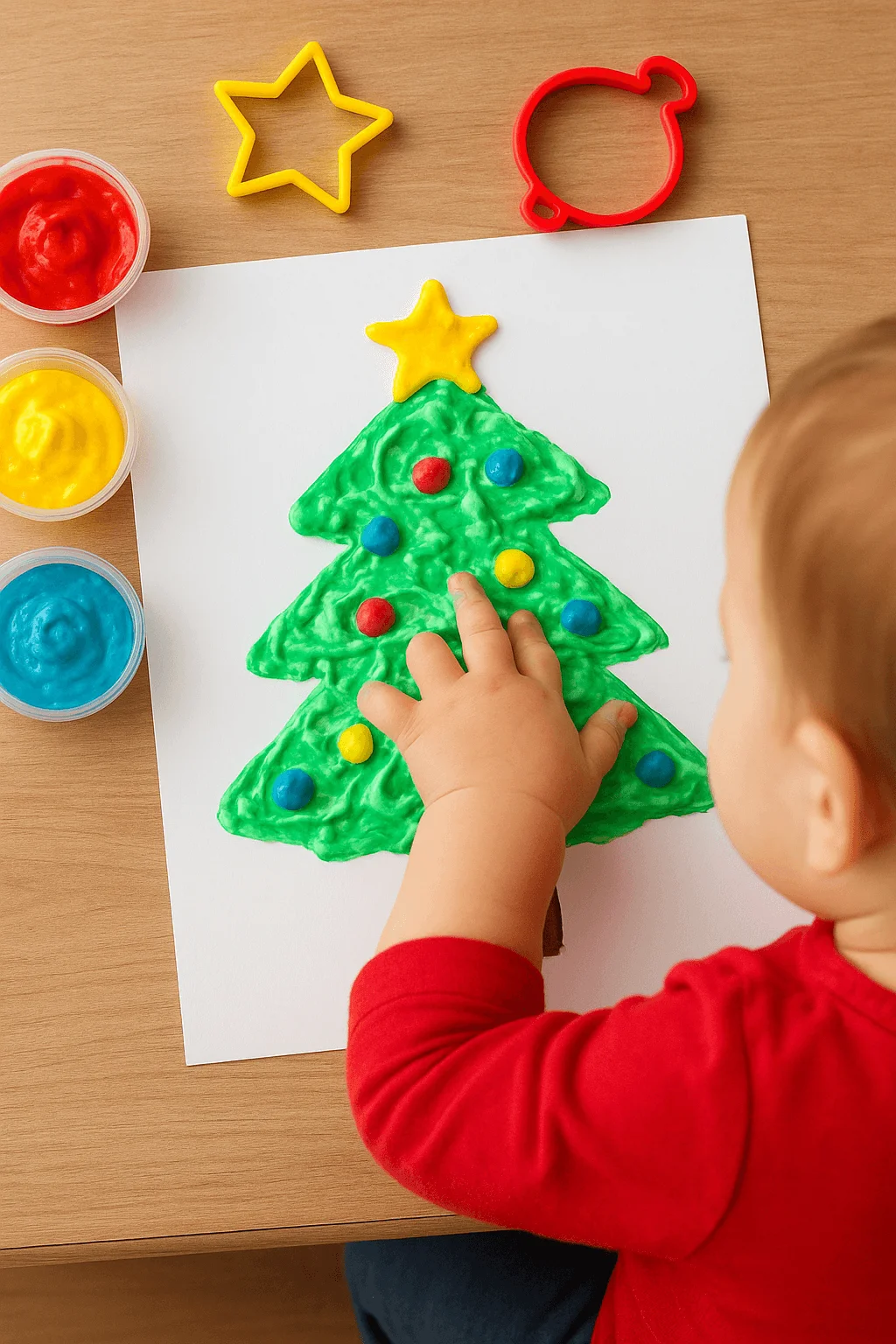 Toddler decorating a puffy paint Christmas tree on paper using colorful paints with cookie cutters and paint cups on the table