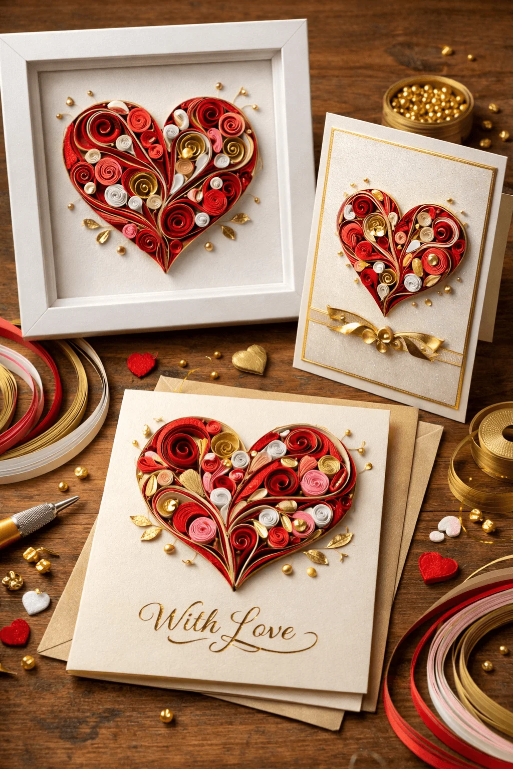 Quilled paper heart frames and greeting cards with red gold and white paper art for handmade romantic gift ideas