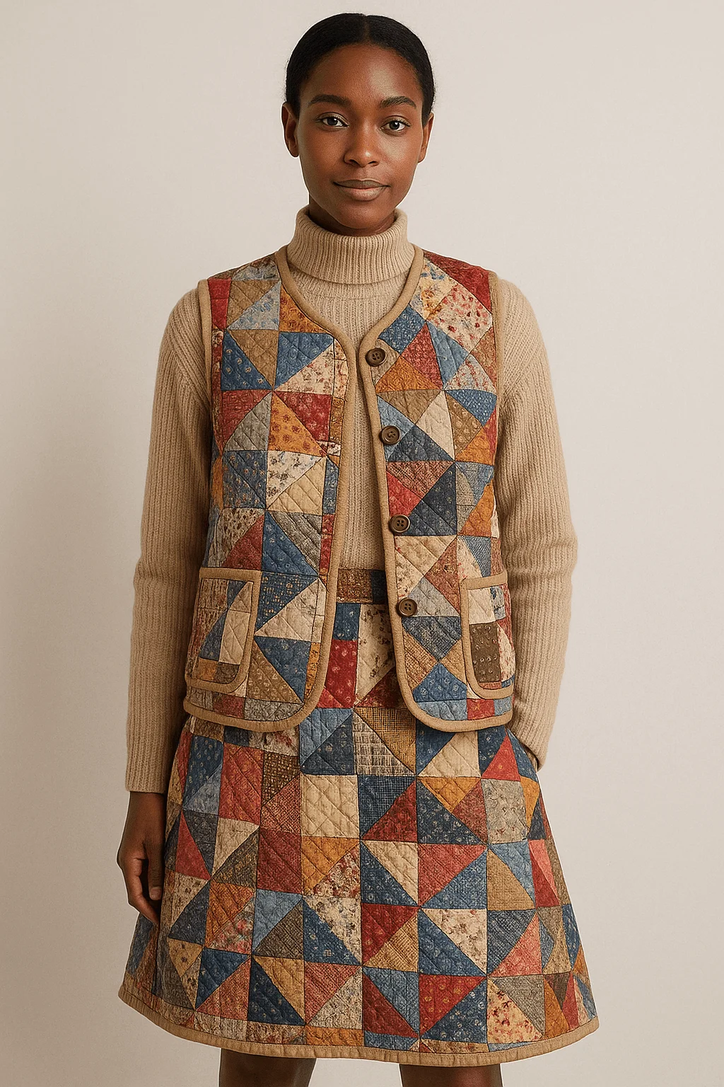 Upcycled quilted clothing featuring a patchwork vest and matching skirt made from recycled fabric with geometric patterns styled over a neutral sweater