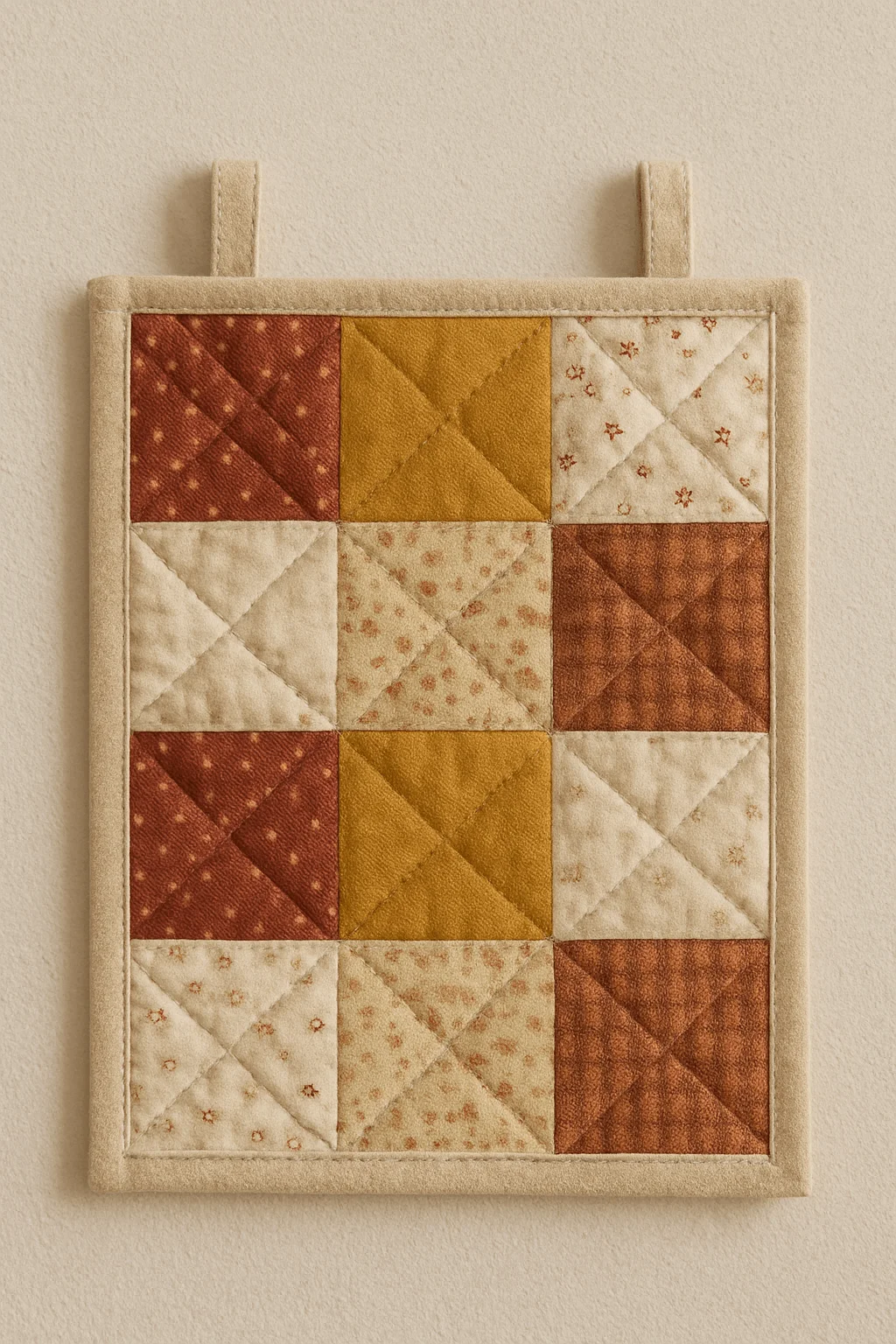 quilted patchwork wall hanging with small square blocks in warm earthy fabric tones