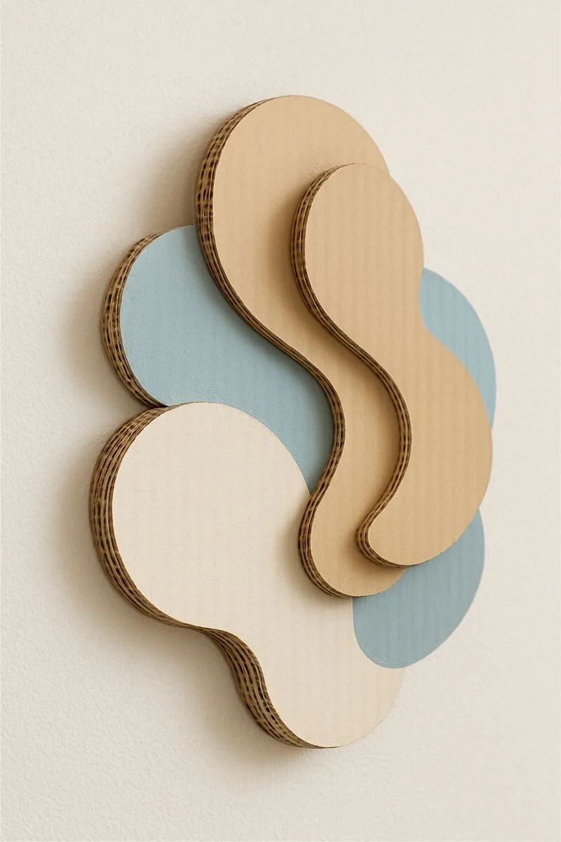 recycled cardboard wall sculpture with layered organic shapes in neutral and pastel tones