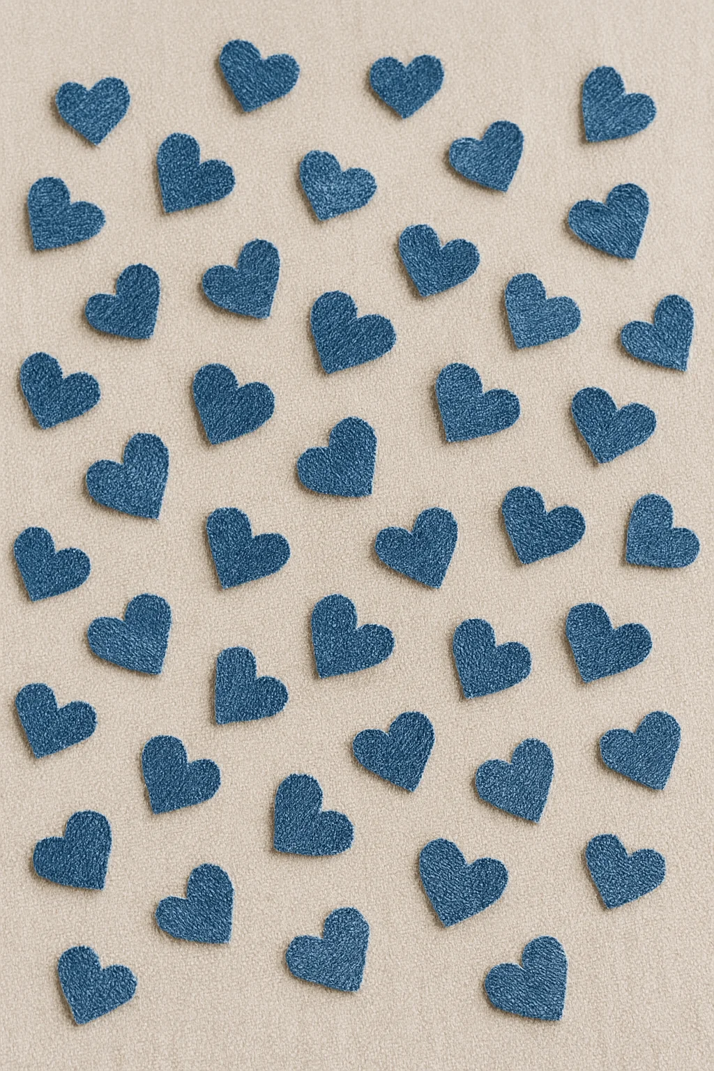 Scattered denim confetti hearts made from recycled jeans on a neutral fabric background