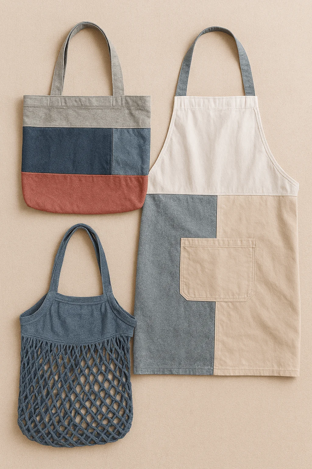 Upcycled fabric tote bags and patchwork utility apron made from recycled textiles displayed in neutral tones for sustainable everyday use