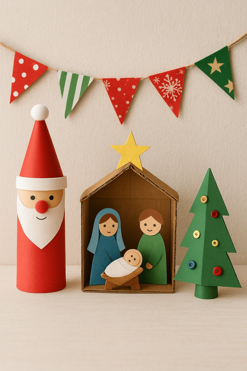 christmas recycled craft scene with paper tube santa cardboard nativity set and button decorated paper tree