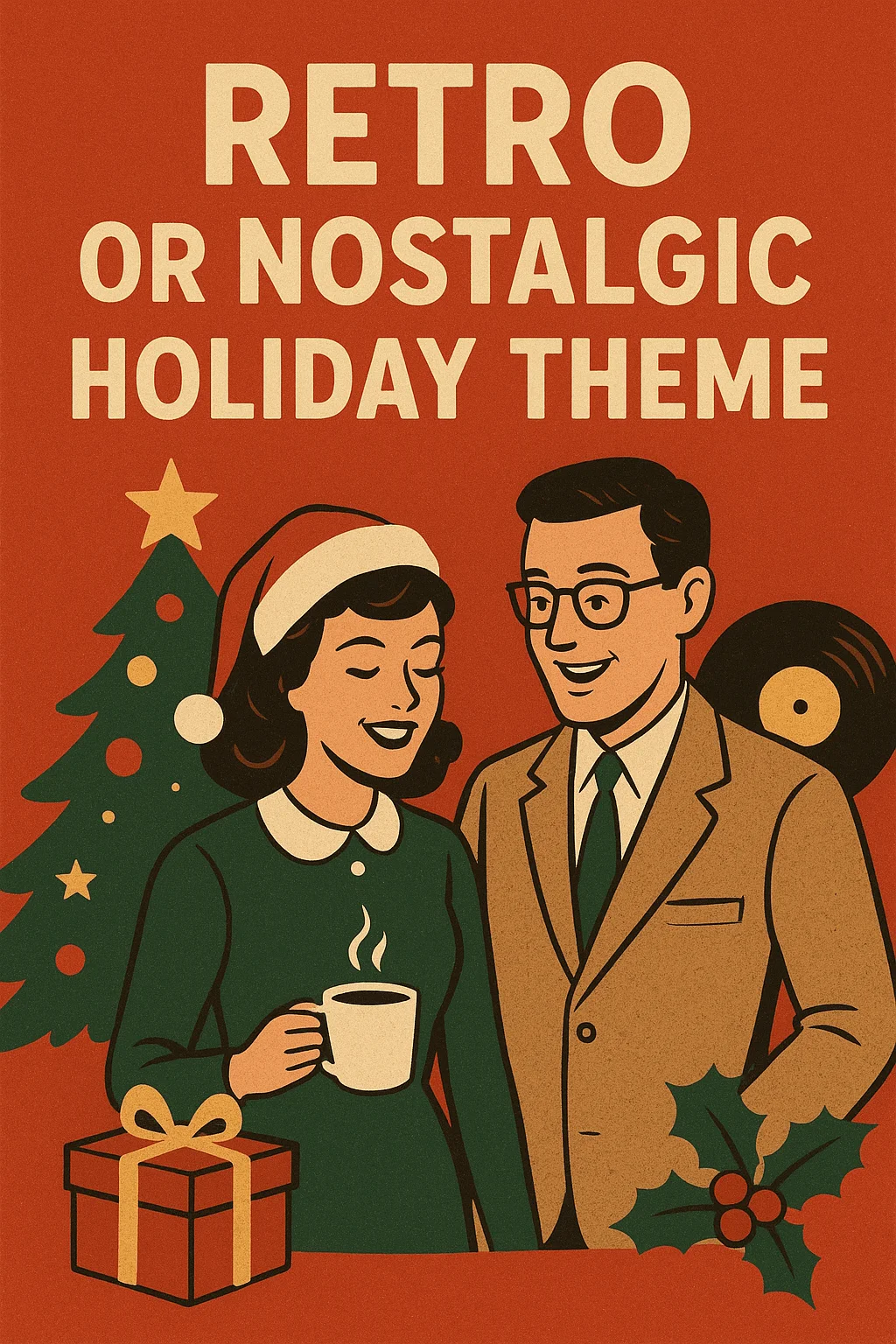 A retro-style illustrated holiday poster featuring a smiling woman in a Santa hat holding a mug and a man in glasses and a suit. A decorated Christmas tree, wrapped gift, vinyl record, and holly add to the nostalgic theme. Large bold text reads “Retro or Nostalgic Holiday Theme