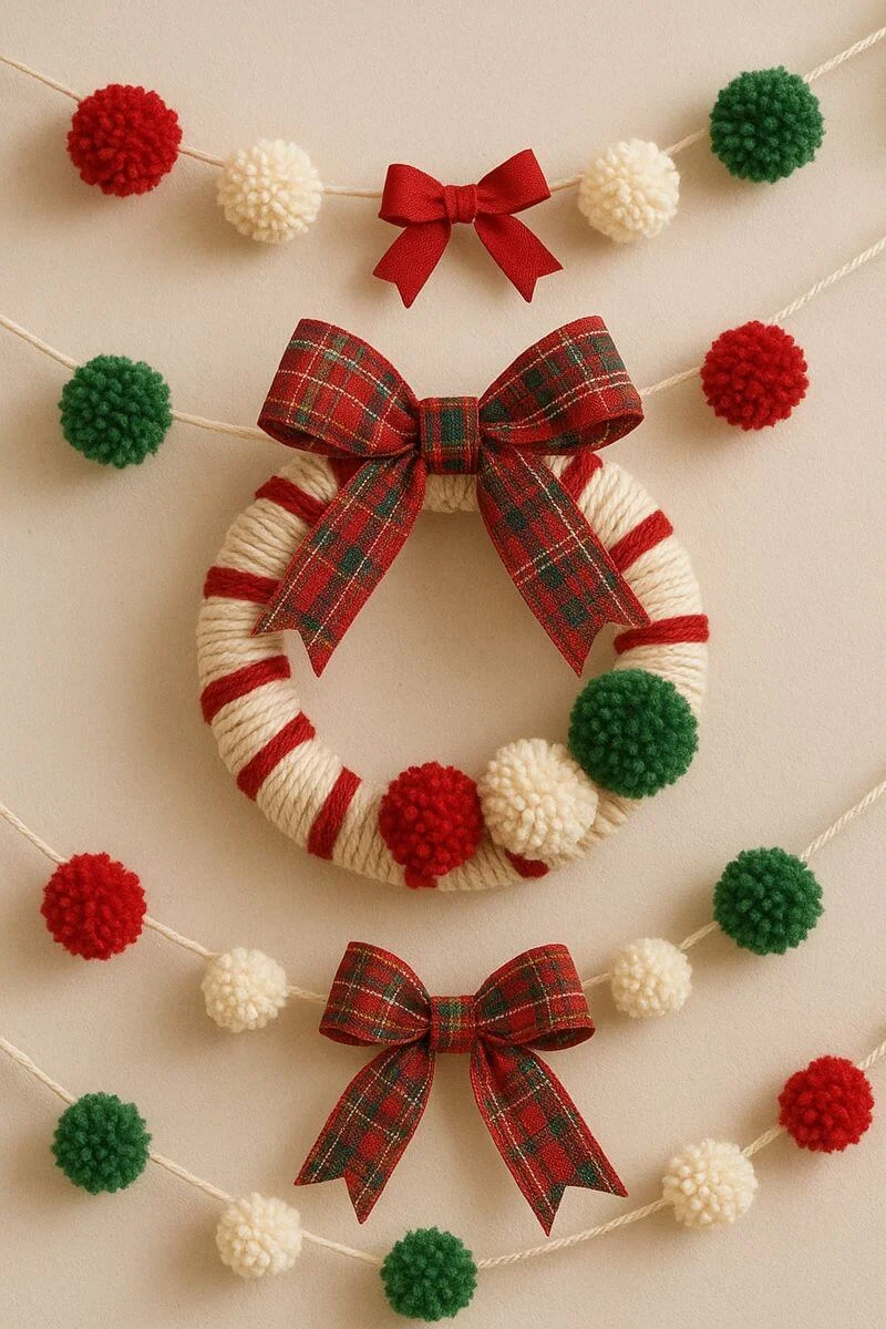 ribbon plaid bows with red green and cream pom pom garlands and a yarn wrapped Christmas wreath
