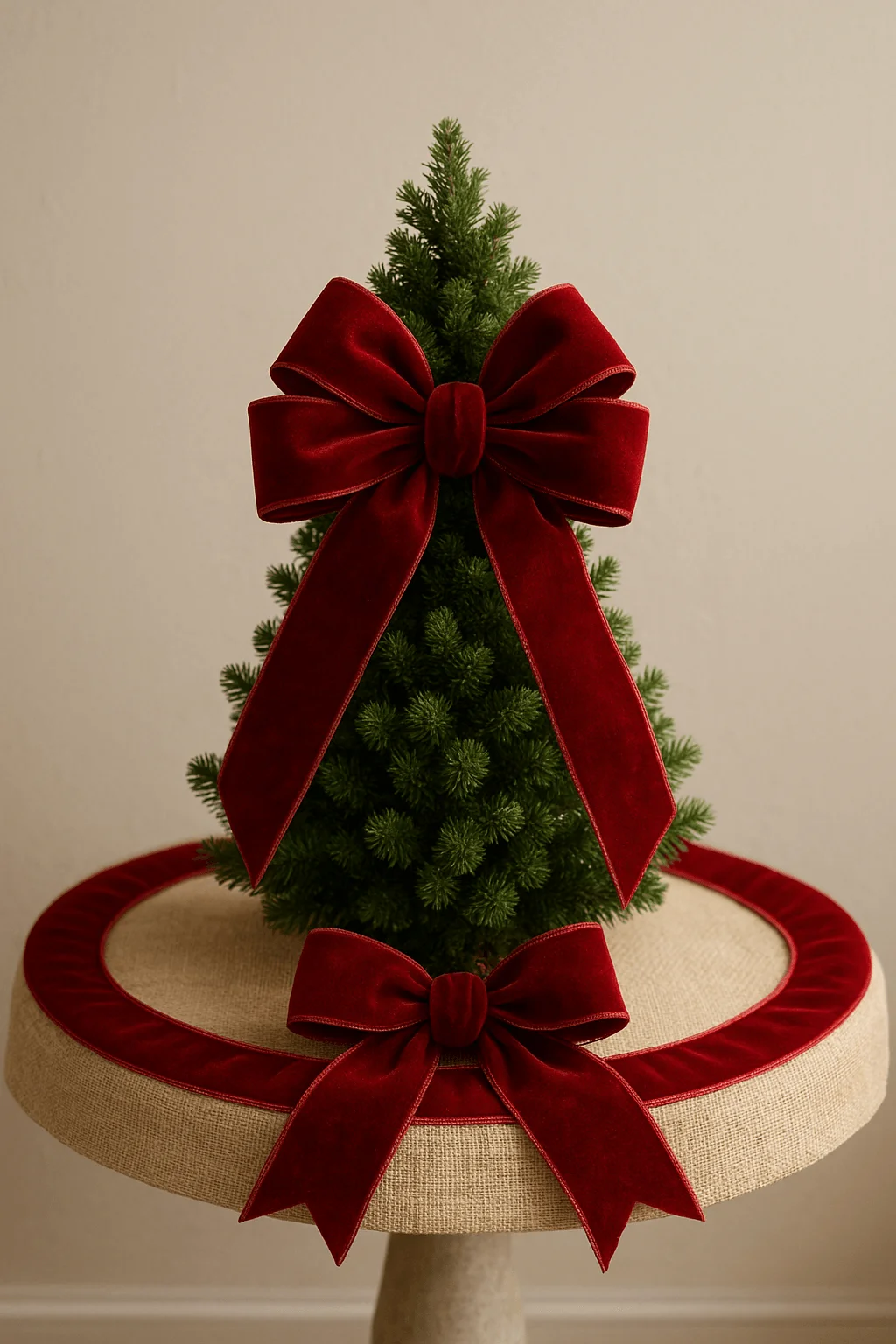 red velvet bows decorating a small tabletop Christmas tree and matching tree skirt
