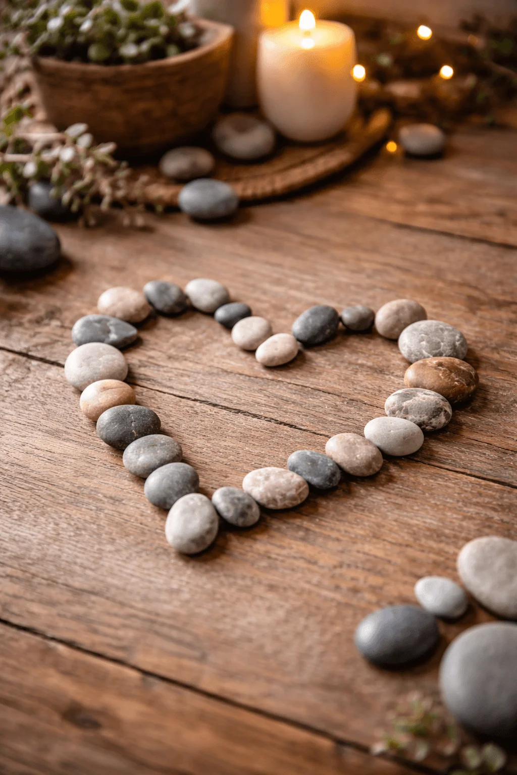 rock and pebble heart arrangement on rustic wooden table with candles and natural decor creating minimalist romantic valentine theme