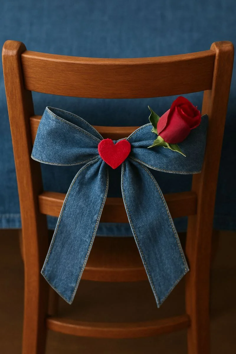 Denim bow chair tie with a red felt heart and a single red rose on a wooden chair