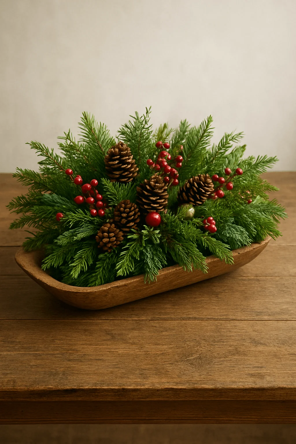 Rustic dough bowl centerpiece with evergreen branches pinecones and red berry stems