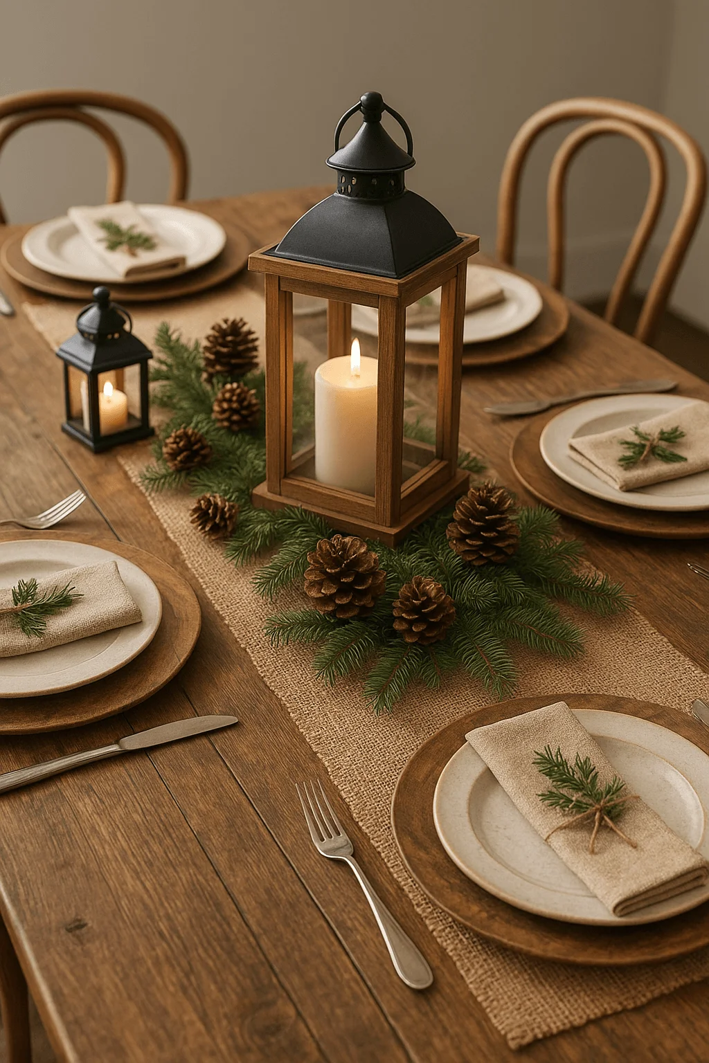 Rustic Christmas tablescape with wooden lanterns lit candles pinecones evergreen branches and neutral place settings