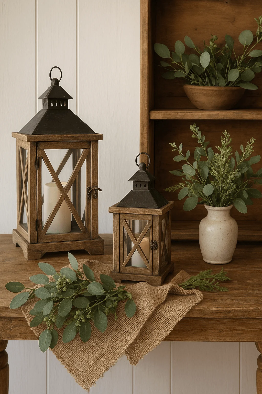 rustic farmhouse wooden vignette with lanterns candles eucalyptus greenery ceramic vase and burlap accents on a wooden shelf