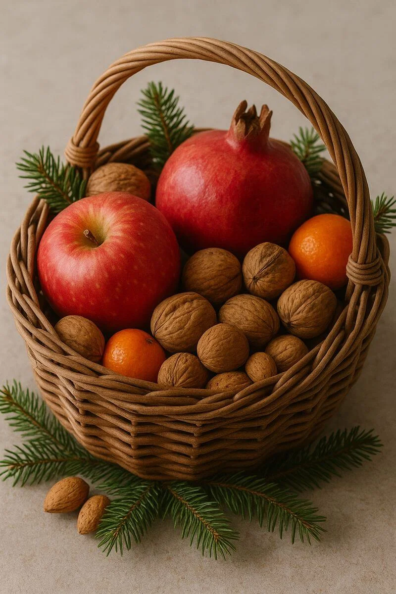 Rustic holiday basket filled with apples pomegranates walnuts and tangerines accented with fresh evergreen sprigs