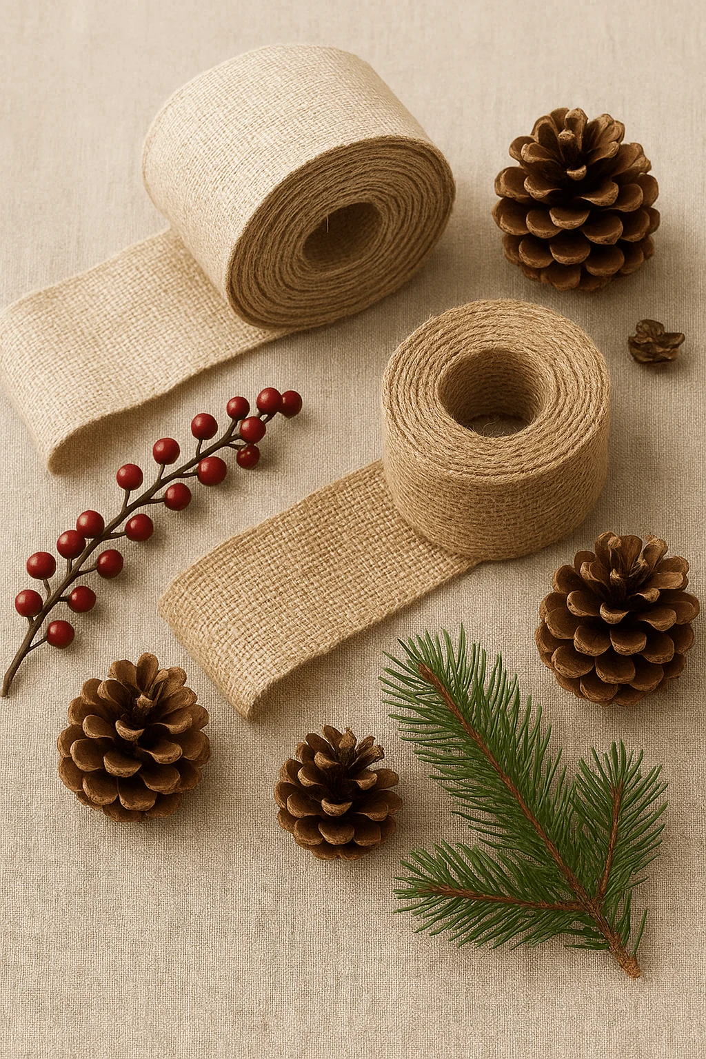 rustic linen and jute ribbon rolls with pinecones evergreen sprig and red berries for farmhouse Christmas decor