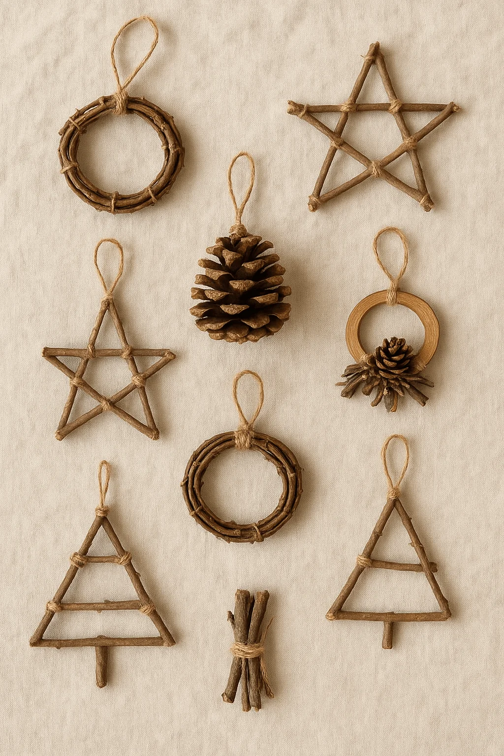Rustic natural Christmas ornaments made from twigs pinecones and twine arranged on a neutral fabric background