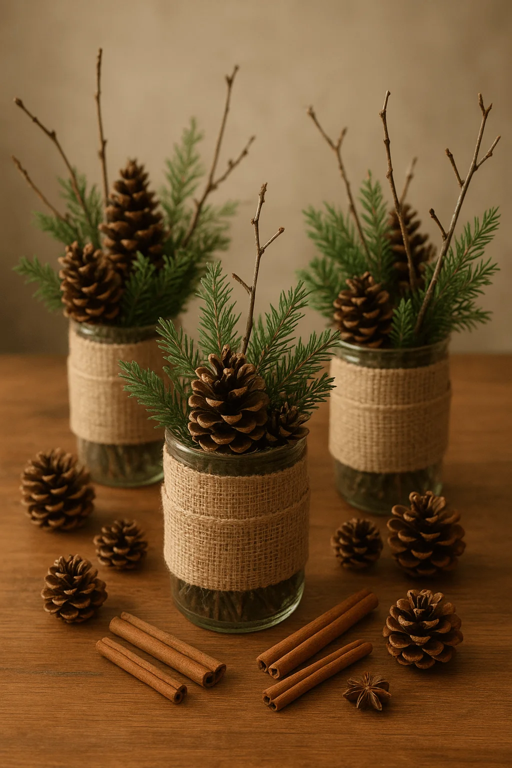 Rustic Christmas centerpiece with pinecones evergreen sprigs and twigs arranged in burlap wrapped glass jars with cinnamon sticks on a wooden table