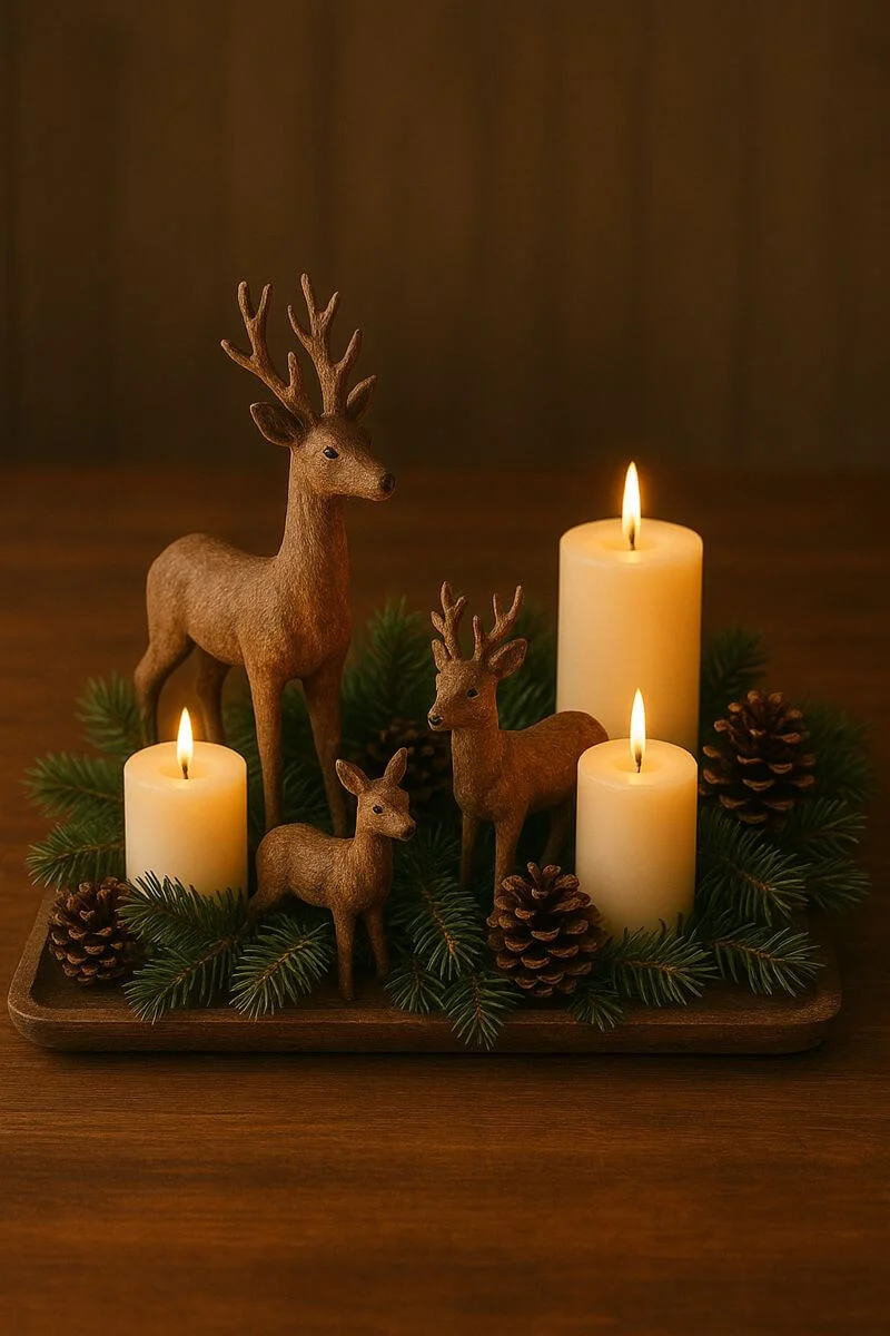 Rustic Christmas centerpiece with wooden reindeer pine branches pinecones and glowing pillar candles