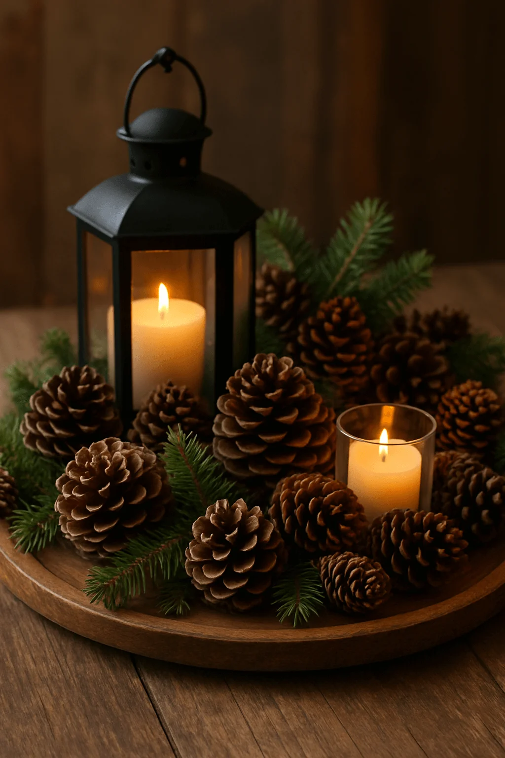 Rustic Christmas centerpiece with pinecones evergreen branches lantern and candles