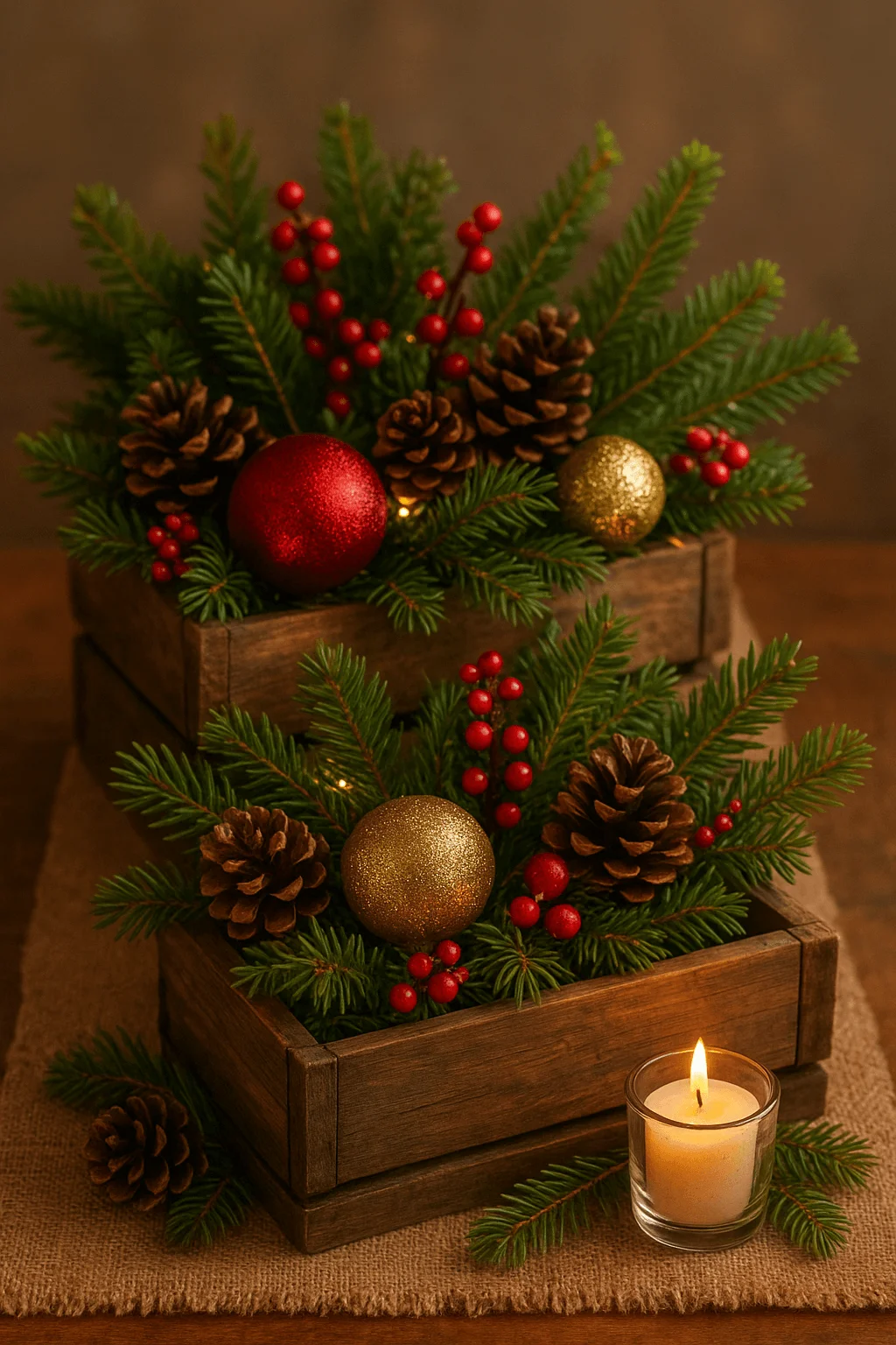 Rustic wooden crate Christmas centerpiece with evergreen branches pinecones red berries and glitter ornaments beside a glowing candle