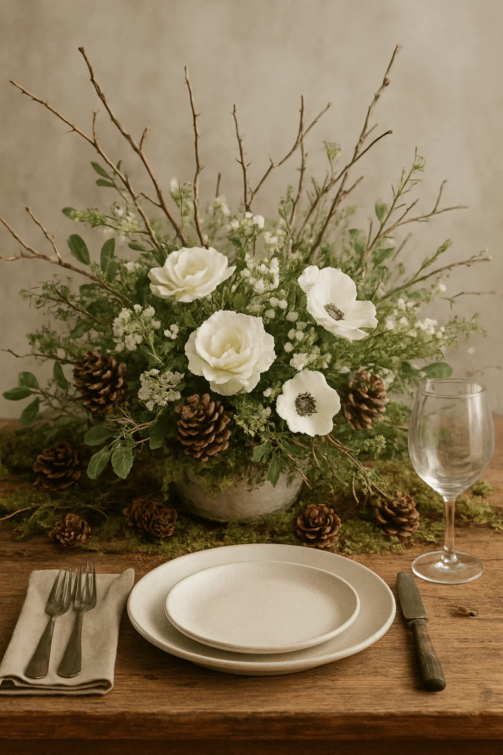 Rustic woodland tablescape featuring white ranunculus and anemone-style blooms nestled in moss with pinecones and natural branches, styled on a wooden table with neutral stoneware and linen for a cozy winter forest feel