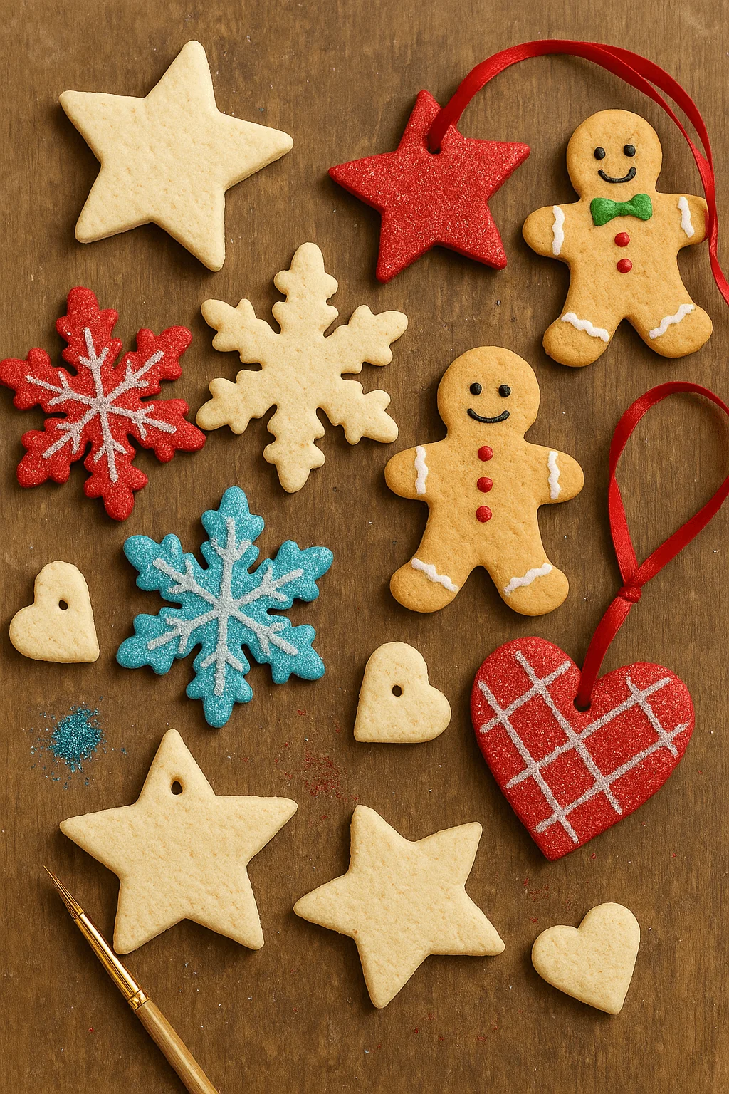Salt dough Christmas ornaments including stars snowflakes hearts and gingerbread figures decorated with paint and glitter